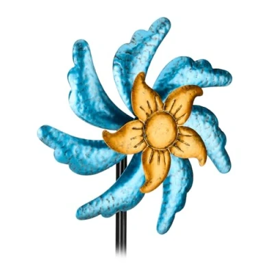 Imagen de Relaxdays Molino de Viento para Jardín, Molinete Macetas con Estaca, 120x30x12,5 cm, Hierro, Molinillo, Azul/Dorado