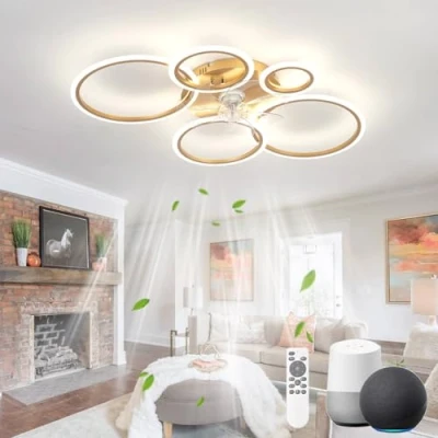 Imagen de KeLuKes Lámpara Ventilador Sala de Estar Compatible con Alexa y Google Assistant, 100cm Techo Luz Anillo, Reversible Regulable Temporizador Silencioso Ventilador, Dorado