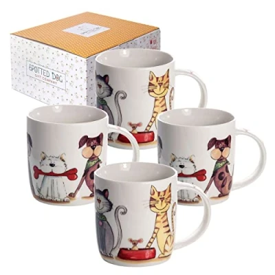 Imagen de SPOTTED DOG GIFT COMPANY Tazas de Café Originales, Juego 4 Desayuno, Gato y Perro, Taza Cerámica para Té Café, Regalo Amante los Amimales Gatos Perros, 350ml