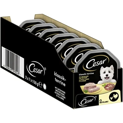 Imagen de Cesar Comida húmeda para Perros clásica, Pollo y Pavo tierna, 7 Unidades (7 x 2 latas 150 g)