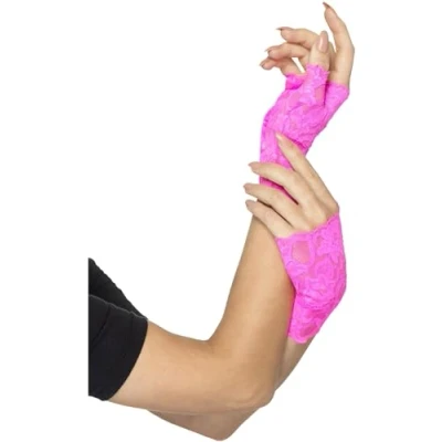 Imagen de Smiffys Guantes de encaje sin dedos años 80, rosa flúor, cortos