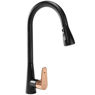 Imagen de Rea GRIFO de cocina MILD BLACK MAT ORO ROSA Mezclador fregadero latón ajustable en frío y calor Monomando giratorio 360 (Negro/Oro rosa)