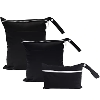 Imagen de 3 Bolsas de pañales Negras, con Bolsillos Doble Cremallera, Impermeables y secas, Reutilizables, adecuadas para Viajes, natación, Gimnasio, bebé, etc.