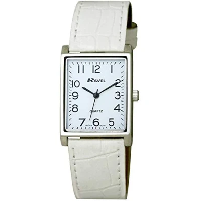 Imagen de Ravel Reloj Rectangular Tradicional Unisex con Esfera Numérica Clara Blanco