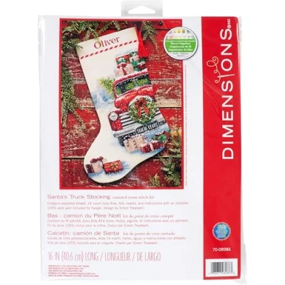 Imagen de Dimensiones 70 08986, 16&quot; Long Santa&#039;s Truck Counted Cross Stitch Christmas Stocking, 14 Ivory Aida