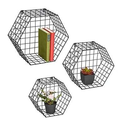 Imagen de Relaxdays Estantería Pared Industrial en Set 3 Unidades, Balda Flotante Diseño Hexagonal, Metal, 33x38x18 cm, Negro, Hierro