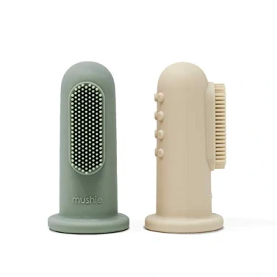 Imagen de Mushie Cepillo de Dientes Dedo para Bebés Set 2 Calma y Estimula las Encías, 0 Años Seguro Niños Pequeños, Niñas Cambridge Blue/Shifting Sand