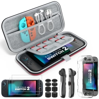 Imagen de MoKo Funda Compatible con Nintendo Switch 2 (2025), 14 en 1 Accesorios Kit Funda, para PC y Carcasa de TPU JoyCon, 2x Protector Pantalla 8x Protectores Pulgar, Rojo
