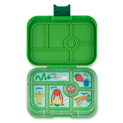 Imagen de yumbox Lonchera Bento original a prueba de fugas, 5 compartimentos + pozo inmersión, cierre fácil abrir, control porciones, bandeja ilustrada extraíble, para edades 3 7 años (verde