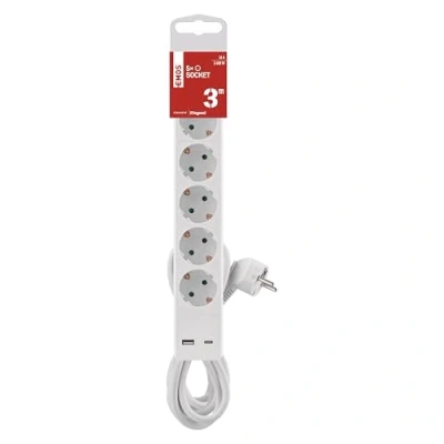 Imagen de EMOS Regleta de 5 enchufes con Carga USB, Enchufe múltiple Interruptor para Interiores, Apto Montaje en Pared, enchufes, 1 USB C, A, Cable 3 m, Color Blanco