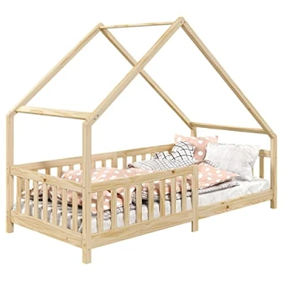 Imagen de IDIMEX cama de casa Cora pino macizo, Montessori 90 x 200 cm, cuna con protección anticaída y techo