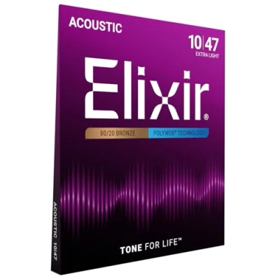 Imagen de Elixir Cuerdas de guitarra acústica Strings bronce en proporción 80/20 con recubrimiento POLYWEB, calibre extraligero, 1 Pack, Extra Light (10 47)