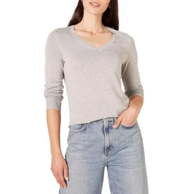Imagen de Amazon Essentials Jersey de Cuello en V, Manga Larga, Ligero y Ajuste Clásico (Disponible Tallas Grandes) Mujer, Gris Claro Mezcla, XXL