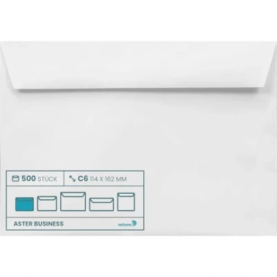 Imagen de Netuno Aster Business 500 sobres, color blanco, DIN C6, 114 x 162 mm, 120 g, autoadhesivos, sin ventana, blanco