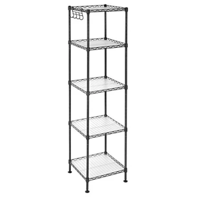 Imagen de SONGMICS Estantería Baño, Metal, Carga Total de 100 kg, 5 Hojas PP, Ganchos Desmontables, 30 x 123,5 cm, Diseño Expandible, para Espacio Pequeño, Negro y Traslúcido LGR23BK