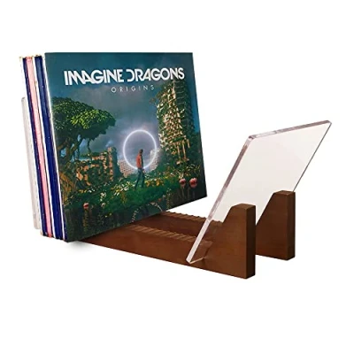 Imagen de KAIU soporte para discos de vinilo LP 50 LPs madera pino vinilos 12 pulgadas y 7 pulgadas, acrílico nogal