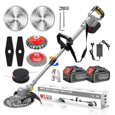 Imagen de Desbrozadora Electrica 21V, Bateria Brushless 4 En 1 Cortabordes Cortacesped Electrico con 2 Baterías 4.0Ah, Cepillo de Malas Hierbas, Tubo Telescópico,Grey