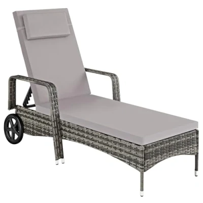 Imagen de TecTake 801041 Tumbona de ratán y Aluminio para jardín, Asiento sintético terraza con Ruedas Respaldo Ajustable, Mobiliario Exterior Piscina (Gris)