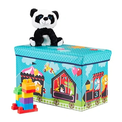 Imagen de Relaxdays Baúl Para juguetes, Taburete infantil, Plegable, niños y niñas, Circo