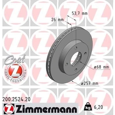 Imagen de ZIMMERMANN COAT Z 200.2524.20 Disco de freno 257 26 4/4 4 114 ventilación interna revestido NISSAN: NV200 Furgón / Familiar, Evalia Bus