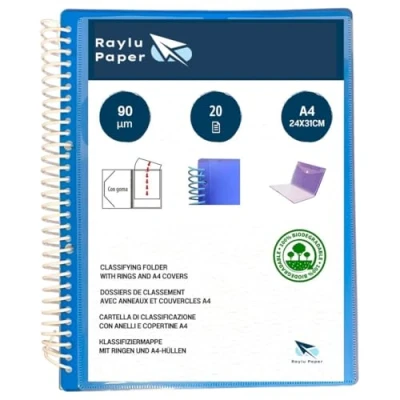 Imagen de Raylu Paper® Carpeta clasificadora con anillas fundas transparentes A4 de 90 micras y sobre cierre velcro, tapa personalizable. 100 % biodegradable. (20 Fundas, Azul)