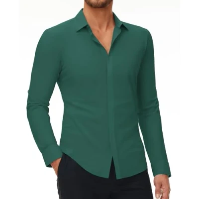 Imagen de DEMEANOR camisa elástica de manga larga para hombre, corte ajustado, negocios, sin planchado, informal verde, L
