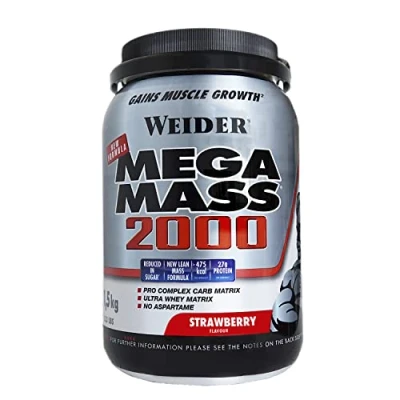 Imagen de Weider Mega Mass 2000 Sabor Fresa (1500 g). 67% de hidratos y 16% proteínas. Enriquecido Con Vitaminas Minerales. menos azúcares