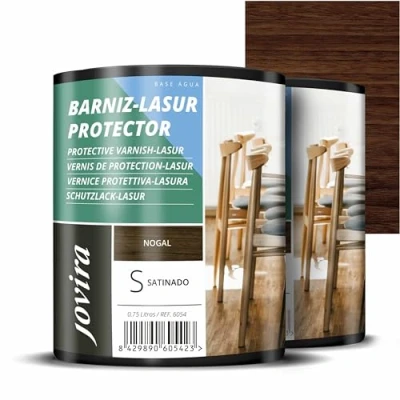 Imagen de JOVIRA PINTURAS BARNIZ LASUR Protector Satinado al Agua. Protege, decora y embellece todo tipo de madera. (2x750 Mililitros, Nogal)