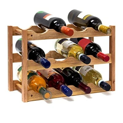 Imagen de Relaxdays Botellero pequeño de Madera natural 28 x 42,5 21 cm Estante con 3 niveles para 12 botellas vino, soporte nogal barnizada almacenar