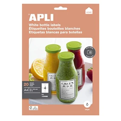 Imagen de APLI 119486 20 Hojas de Etiquetas Para Botellas Blancas Glossy 80 x 120mm