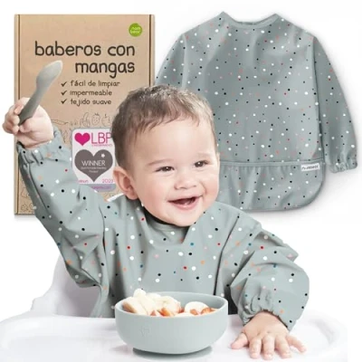 Imagen de Nombear ® Baberos Bebe Impermeables con Mangas Babero Impermeable 6 meses o Más, Babetes Impermeável Bebe, BLW, Elastico