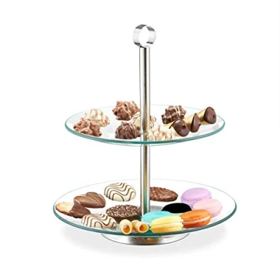 Imagen de Relaxdays Soporte Tartas 2 Pisos, Bandejas Cupcakes, Plato Galletas, Frutero Vidrio, 28 x 24,5 cm, Transparente/Plateado