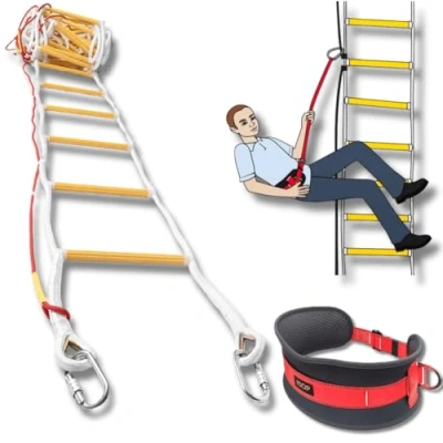 Imagen de ISOP Escalera de Emergencia para Cuerda Escape contra Incendios 10 m/32 pi hogares 3 a 5 Pisos Seguridad Resistente Las Llamas con Mosquetones y Cinturón