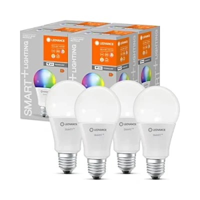 Imagen de LEDVANCE Lámpara LED inteligente con tecnología WiFi, enchufe E27, regulable, color de luz cambiante(2700 6500K), colores RGB cambiables, reemplazo 100W,SMART+ WiFi Classic Multicolour,paquete 4