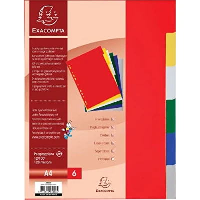 Imagen de Exacompta 3006E Separadores Polipropileno Flexible con 6 Lengüetas Neutras Antidesgarro Formato Archivo A4 Dimensiones 22,5 x 29,7 cm Colores Surtidos