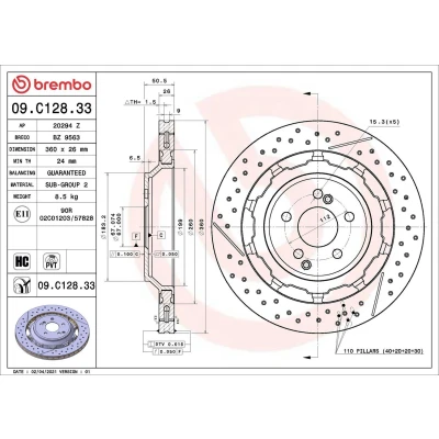 Imagen de BREMBO 09.C128.33 disco de freno 360 26 5 ventilación interna, ranurado/perforado, dos piezas revestido altamente carbonizado