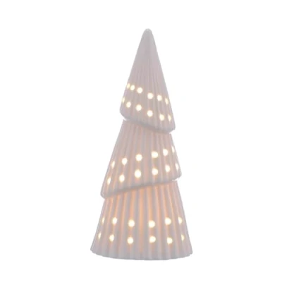 Imagen de Árbol de Navidad con forma cono porcelana blanca luz LED, 20 cm alto, farol decorativo