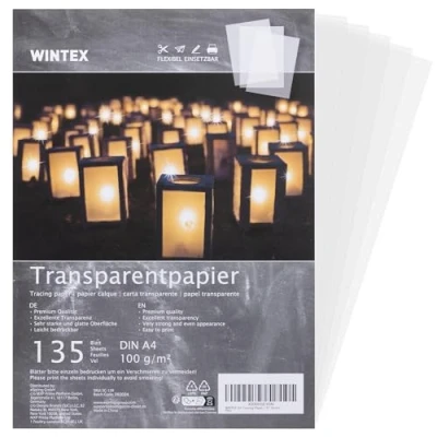 Imagen de WINTEX Papel transparente impresora A4 Set de 135x láminas cebolla 102 g/m² manualidades plantillas para calcar Hojas color blanco tránlucido