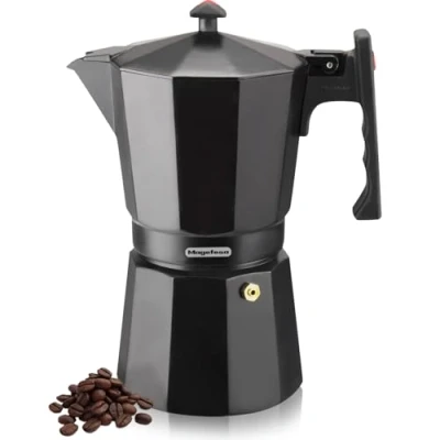Imagen de MAGEFESA ® Colombia Noir cafetera italiana negra con capacidad para 9 tazas, 450 ml, fabricada en aluminio extra grueso, pomo y mangos ergonomicos, apta todo tipo de cocinas, EXCEPTO INDUCCION