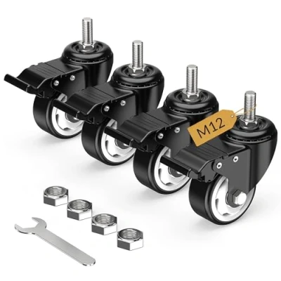Imagen de HOLKIE Juego de 4 Ruedas giratorias con vástago bloqueo total 75mm, M12 x 1,75 30mm(diámetro del 12mm, longitud 30mm)Ruedas roscadas freno Negro