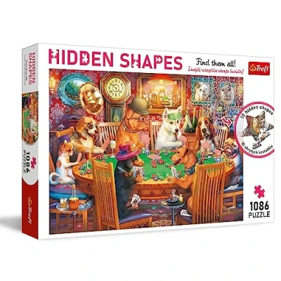 Imagen de Trefl Puzle Hidden Shapes: Noche de Juegos 1000 + 86 Piezas Busca Formas Ocultas, Puzles Inusuales, para Aficionados los Perros, Ocio Creativo