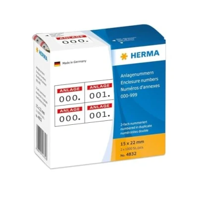 Imagen de HERMA 4832 Etiquetas numéricas con números del 0 al 999, doble (22 x 15 mm, papel mate), autoadhesivas, adhesivo permanente, de sistema continuo en dispensador cartón, 2000 etiquetas,