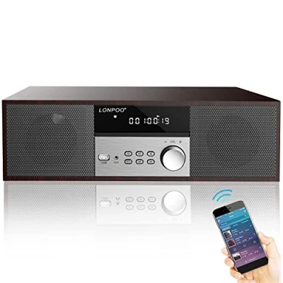 Imagen de Microcadena Estéreo HiFi Compacto 40W con Reproductor de CD, Bluetooth, Radio FM, USB, Entrada Auxiliar, Pantalla LED Grande y botón, Mando a Distancia