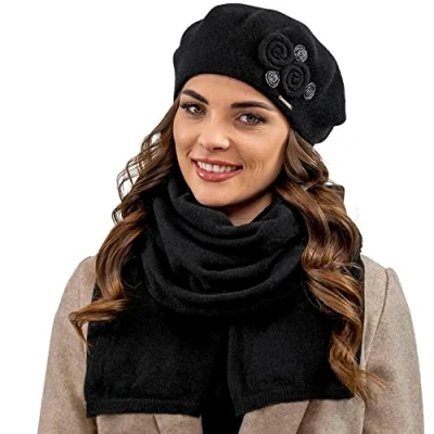 Imagen de Vivisence De Boina Y Bufanda Mujer para Invierno Otoño Conjunto Estilo Elegante Accesorios Hechos con Lana Cálida Perfectos Regalo O Usar En Días Fríos 7037Kmpl, Negro,Talla Única