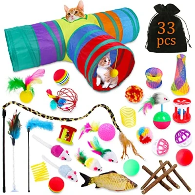 Imagen de TWBEST Juguetes para Gatos,33pcs Juguete Interactivo Gato,Juguetes Gatos con Túnel Gatos,Ratones,Hierba Gatera,Varita de Plumas,Peces,Bolas y Campanas