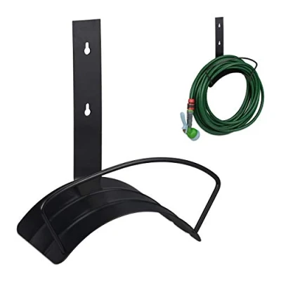 Imagen de Relaxdays Soporte Mangueras, Montaje de Pared, para 60 m y 5/8&quot;, Acero, Colgador Jardín, Portamangueras Redondo, Negro