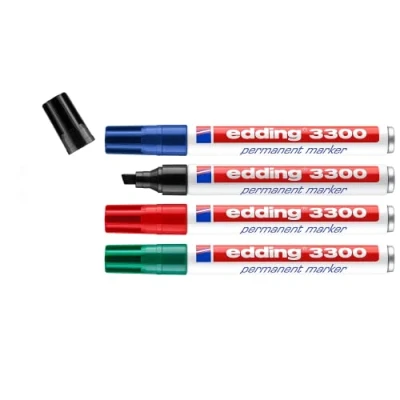 Imagen de edding 3300 marcador permanente negro, rojo, azul, verde juego de 4 punta biselada 1 5 mm indeleble secado rápido resistente al agua y a los borrones cartón, plástico,madera,metal,tela