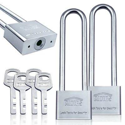 Imagen de Candado de grillete largo resistente 50 mm/2 pulgadas con 4 llaves, para almacén, garaje, puerta valla (paquete 2, llave universal)