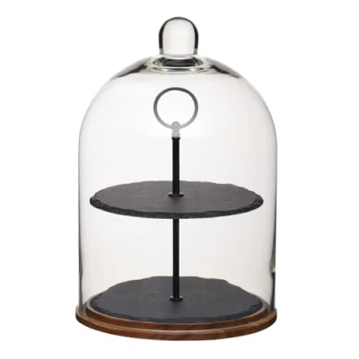 Imagen de Artesà Soporte de 2 Niveles/Cúpula para Tartas, Cubierta Cristal Exhibición Alimentos/Almacenamiento con Platos Pizarra Escalonados y Base Madera, 22 x 31 cm Negro/Cristal Transparente/Madera
