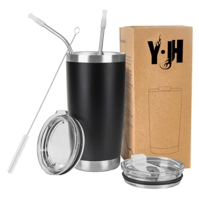 Imagen de Y·JH 20oz (550ml) Taza Termo Cafe Para Llevar Vaso Con Pajita Térmica de Acero Inoxidable Reusable 2 Tapas a Prueba Salpicaduras Pajitas Negro